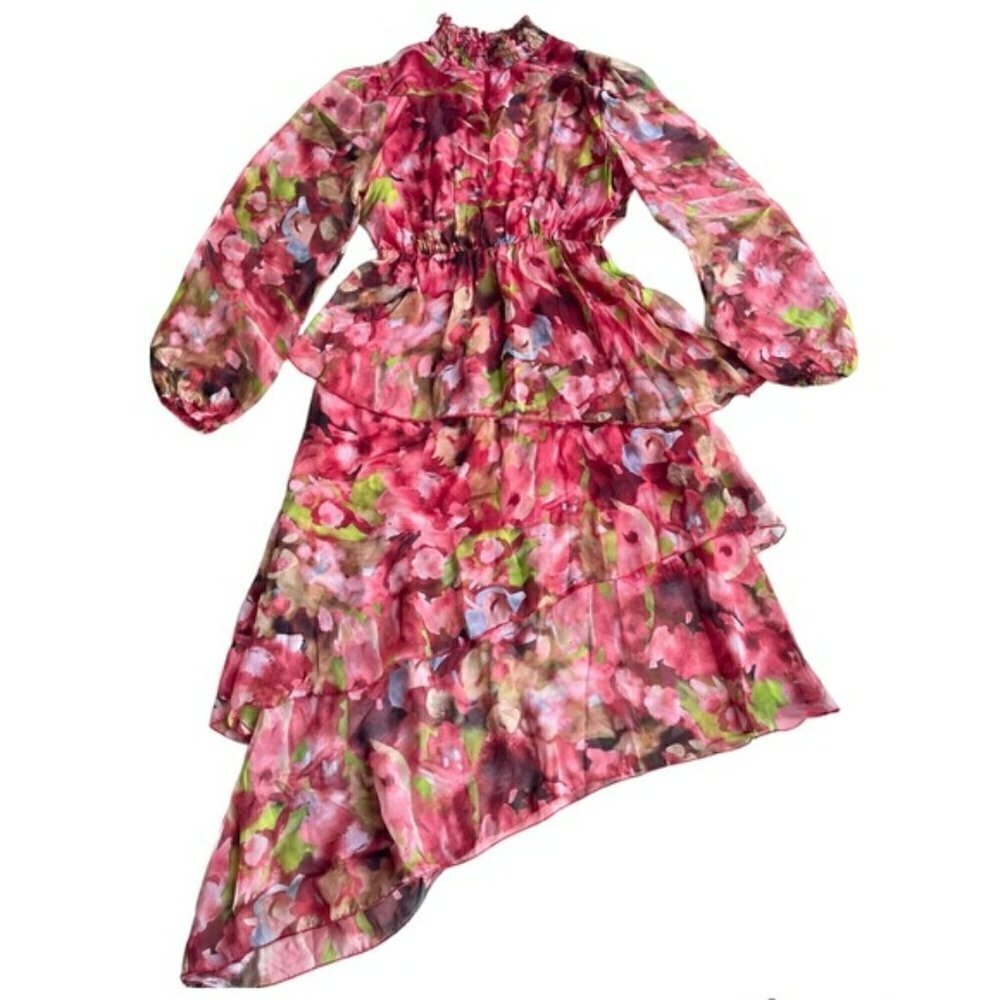 NEW Lara G. Red Floral Silk Blend Tiered Assymetrical Hem Midi Dress US M